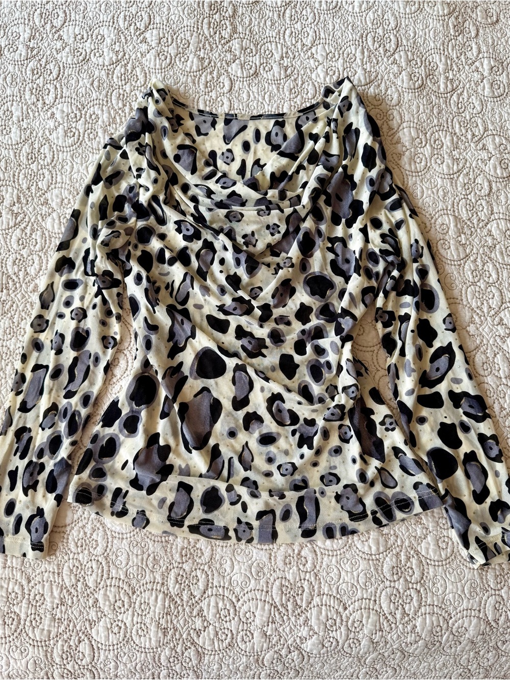 Y2K Gray Leopard print gold shimmer cowl neck mesh top